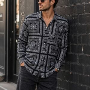 Zara Man Bandana Print Button Down Shirt Size XL Black White Paisley Casual Top